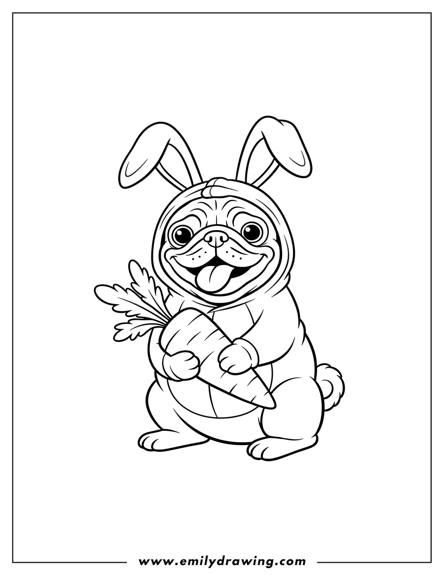Black and white line art of pug in Bunny Costume, sitting with tongue out, holding a carrot