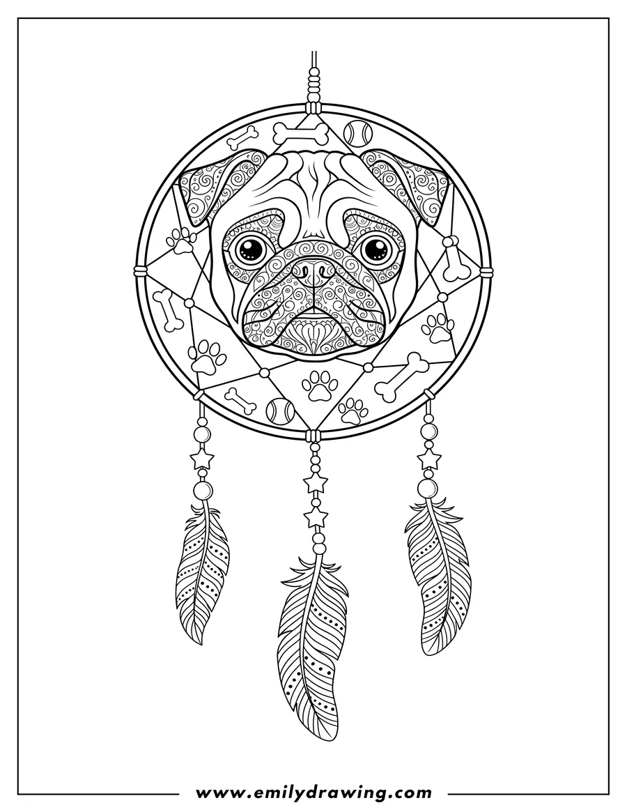 Line art of a pug's face inside a dreamcatcher, with bones, paw prints, and tennis balls around the edge, and three decorative feathers hanging below.