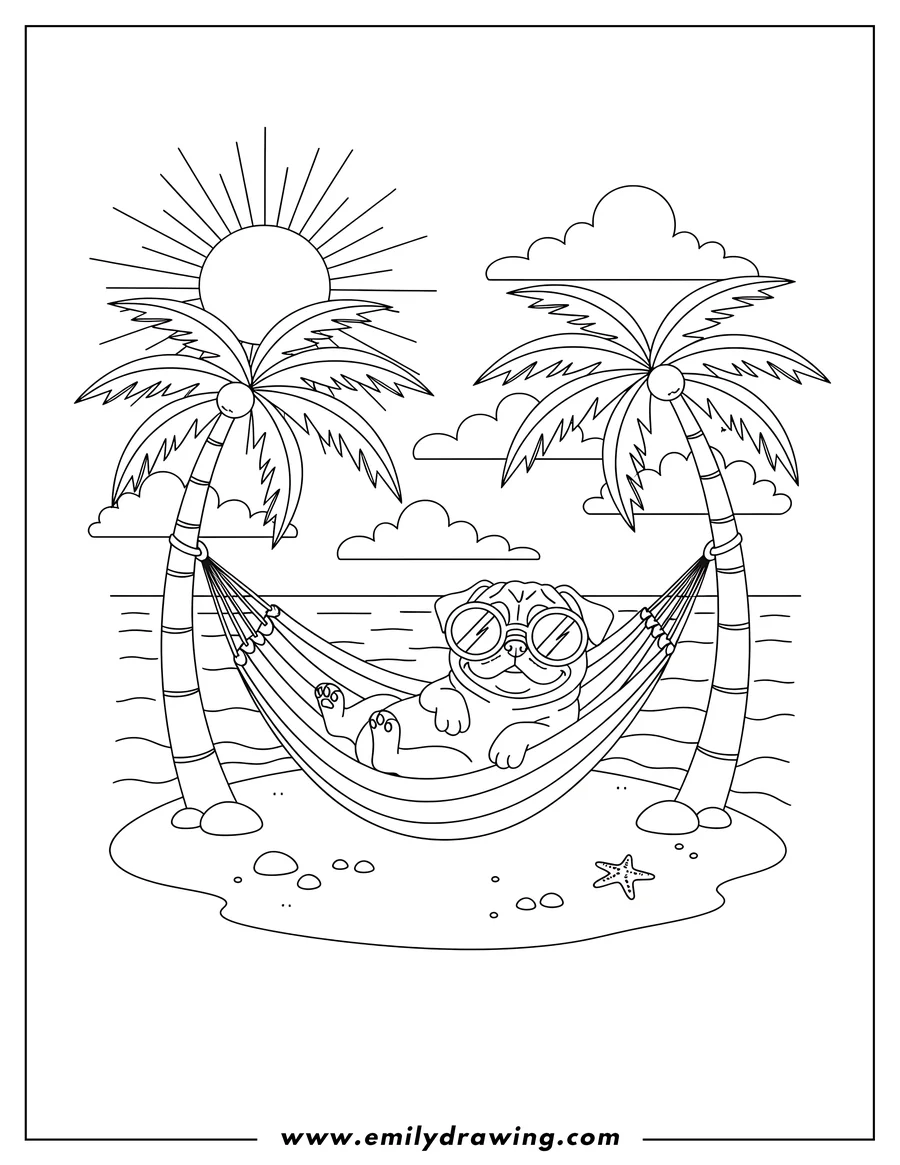 Outline of a pug dog wearing sunglasses, relaxing in a hammock strung between two palm trees on a beach with the sun in the background.