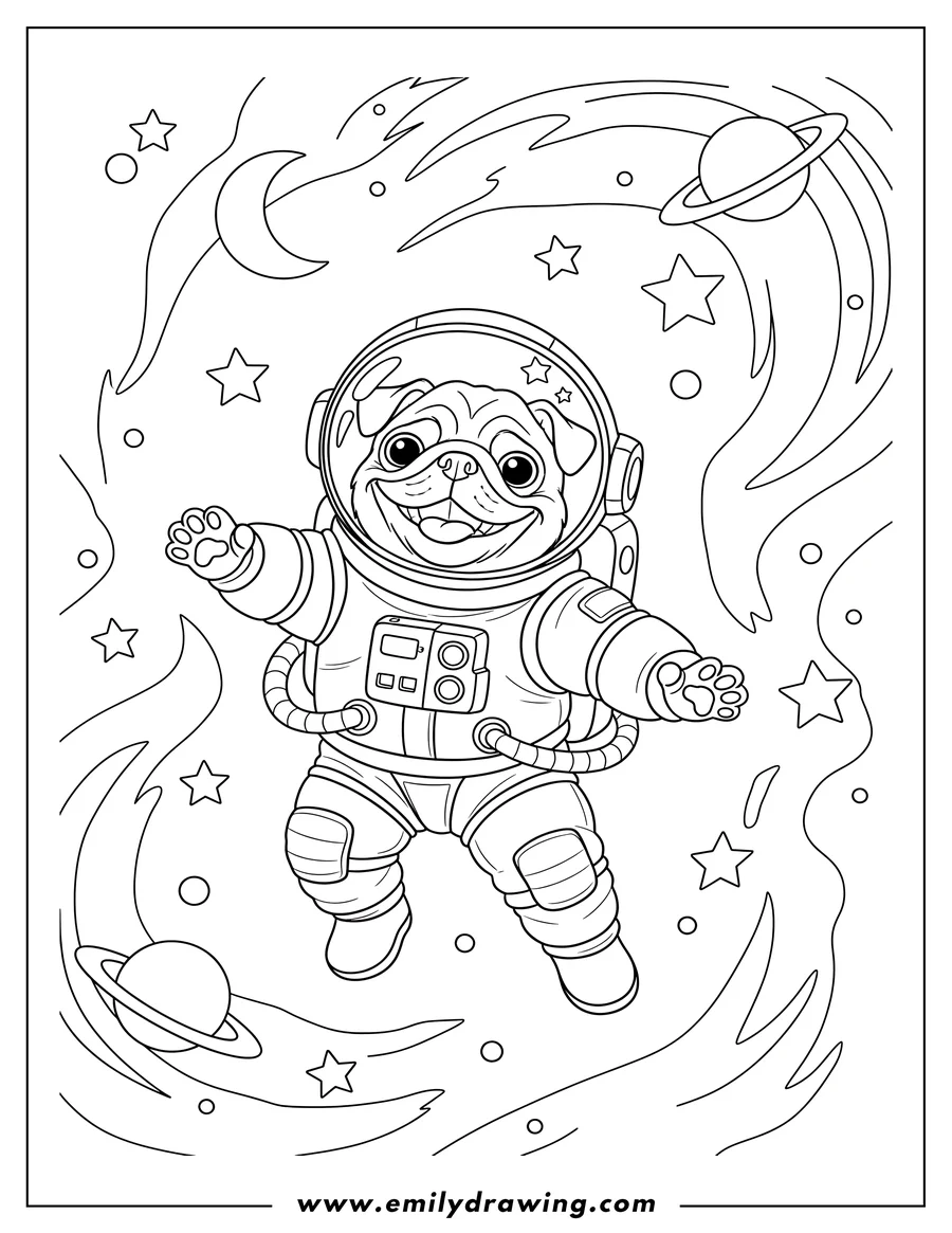 Line art of a happy pug wearing a spacesuit and floating in outer space, surrounded by stars, a crescent moon, and ringed planets.
