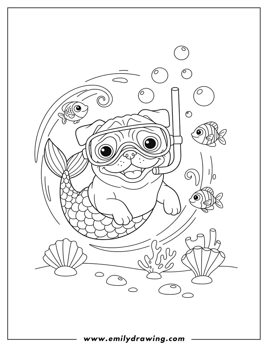 Line art of a pug wearing a mermaid tail and snorkel mask, swimming underwater with small fish, bubbles, and seashells on the ocean floor.