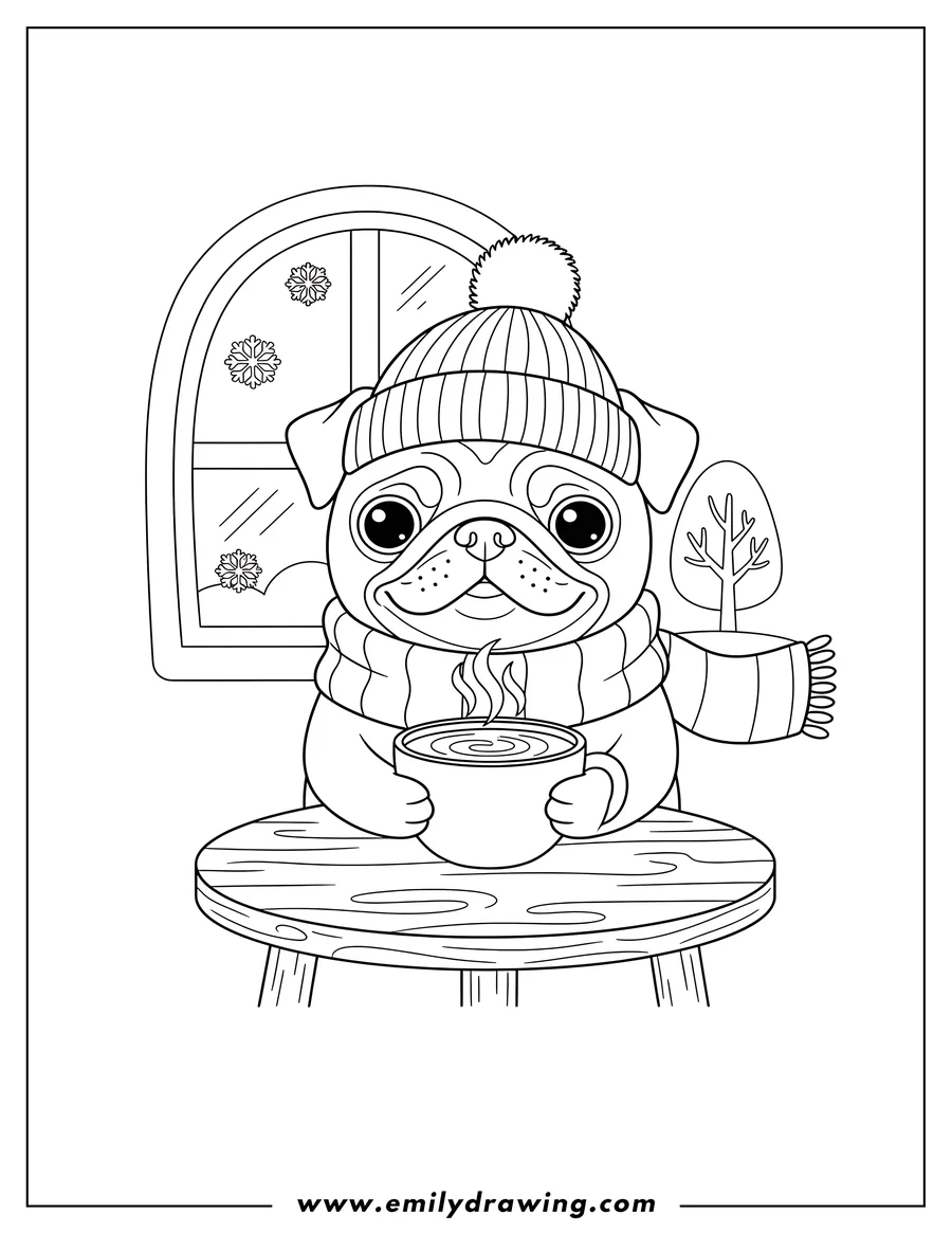 Line art of a pug wearing a winter hat and striped scarf, holding a steaming mug, sitting at a table with a snowy window behind it.