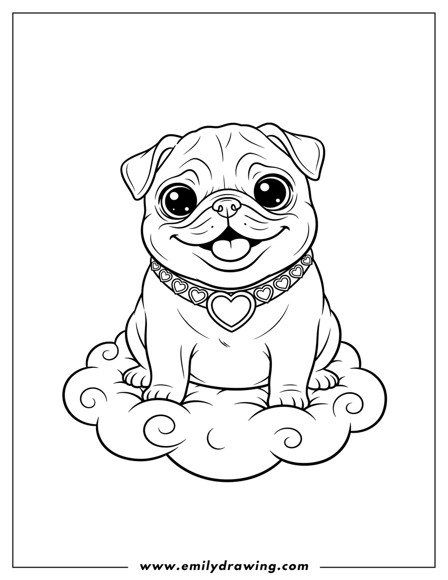 Outline of a cheerful pug sitting on a fluffy cloud, wearing a collar decorated with hearts.