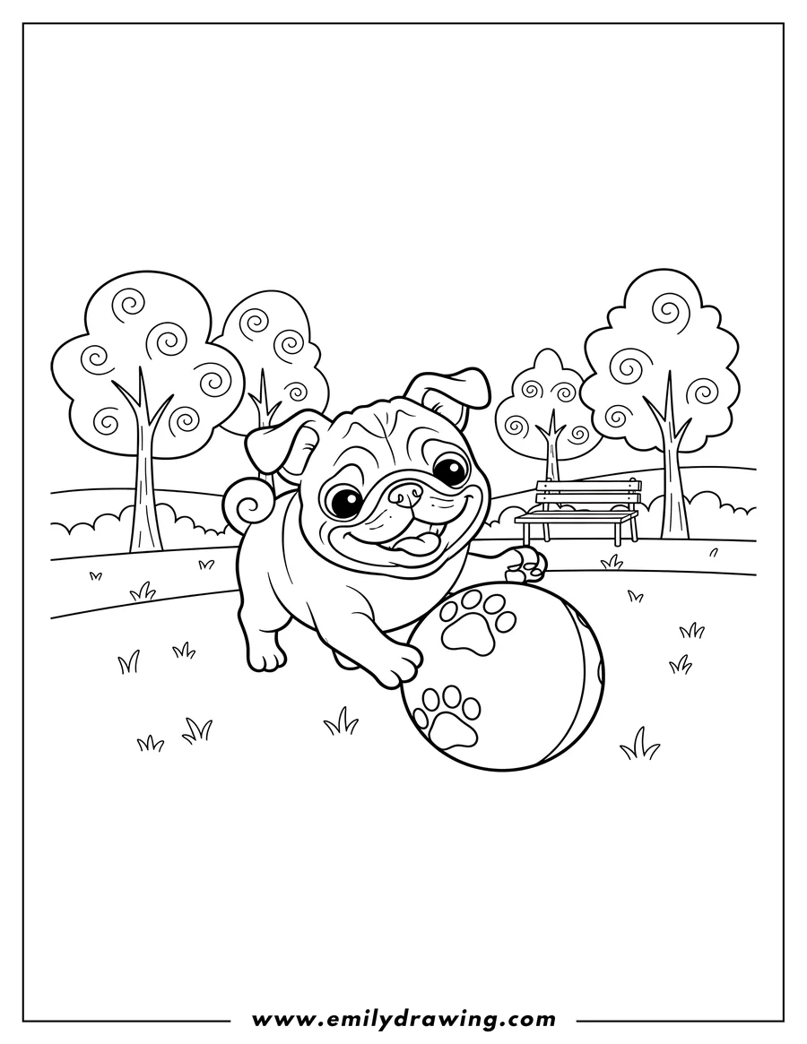 Outline of a cheerful pug dog playing with a ball decorated with paw prints in a park setting with trees and a bench in the background.