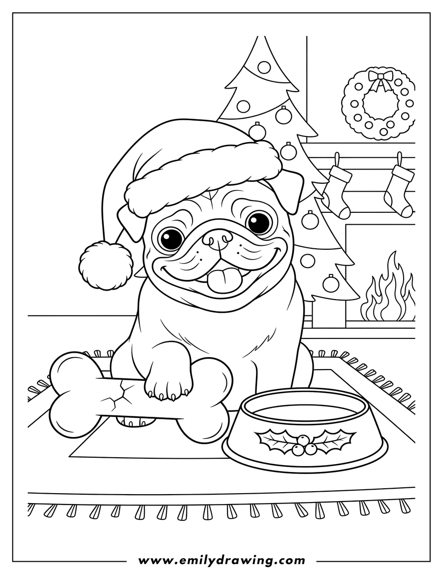 Line art of a happy pug wearing a Santa hat, sitting on a rug with a bone and a Christmas-themed bowl in front of a fireplace and Christmas tree.