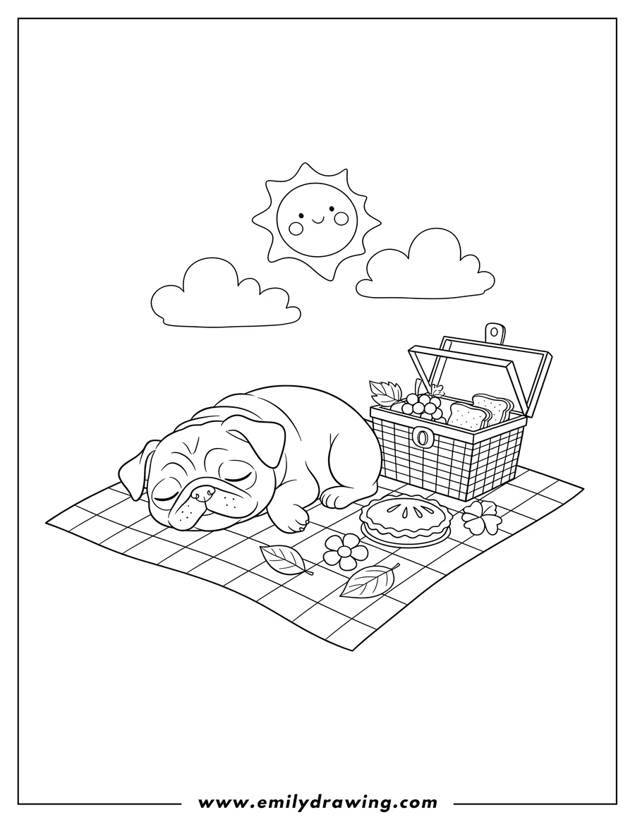 Line art of a pug sleeping peacefully on a checkered picnic blanket next to an open picnic basket filled with food. A smiling sun and clouds are in the sky above.