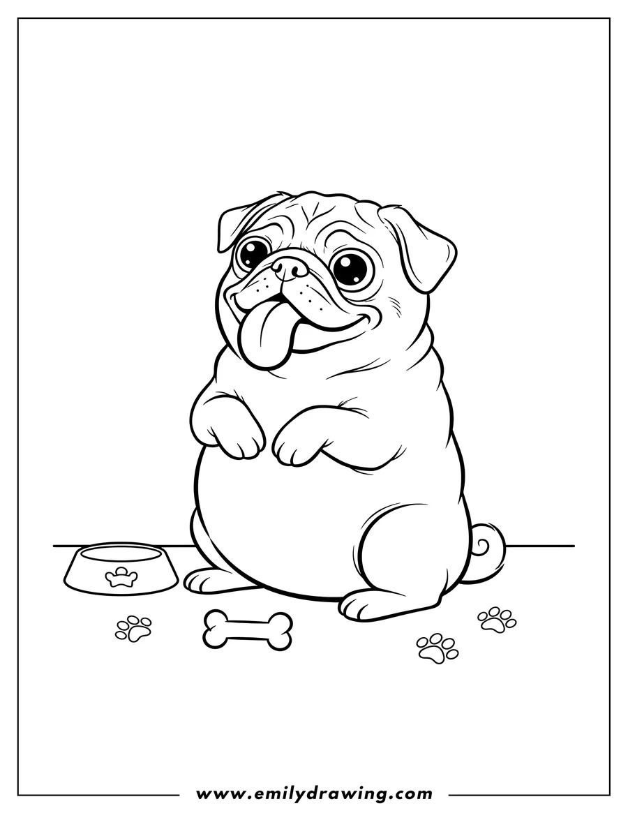 Line art of a happy pug dog standing on its hind legs, tongue out, next to a food bowl and a bone, with paw prints on the ground.