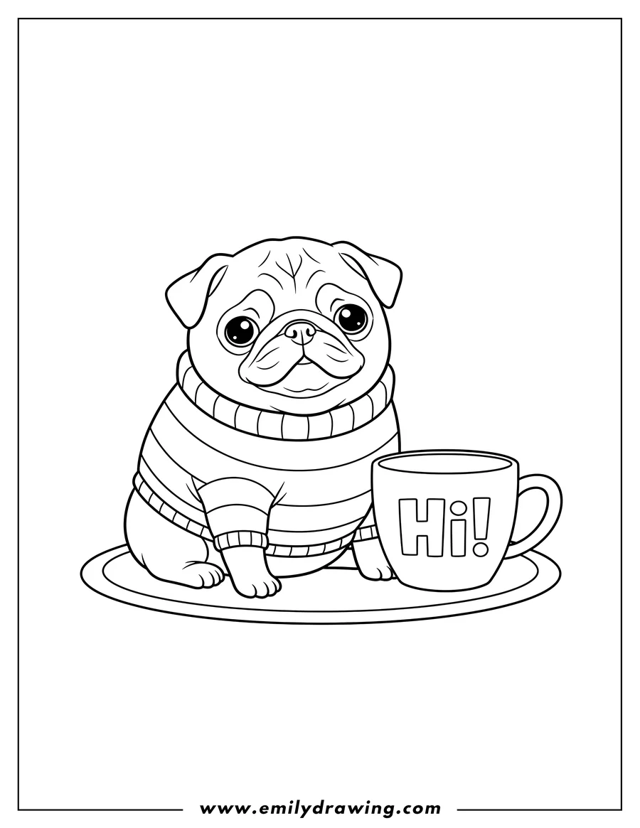 Line art of a pug wearing a striped sweater, sitting on a tray next to a mug that says