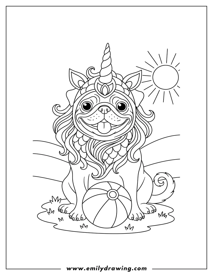 Line art of a pug wearing a unicorn horn and mane, sitting with a beach ball in front of it and a shining sun in the background.