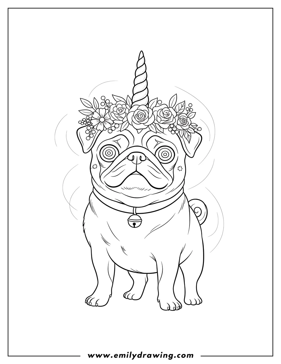 Line art of a pug dog wearing a unicorn horn and a flower crown, with a collar and bell around its neck.