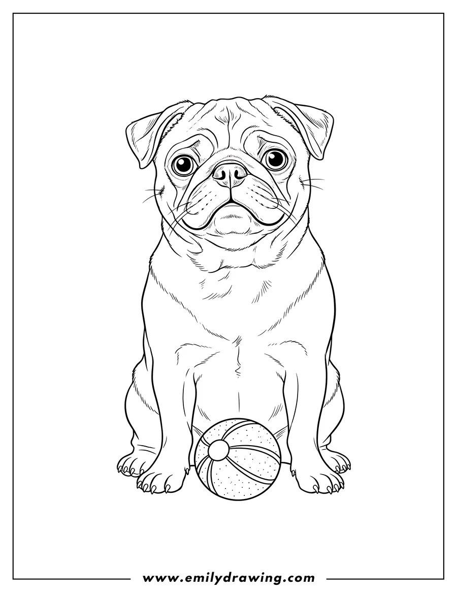 Line art of a pug sitting upright with a striped ball between its front paws