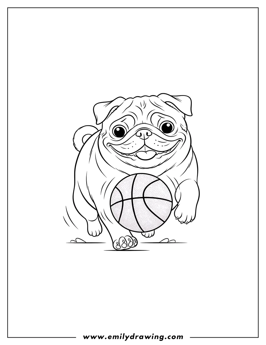 Line art of a smiling pug running with a basketball at its feet.