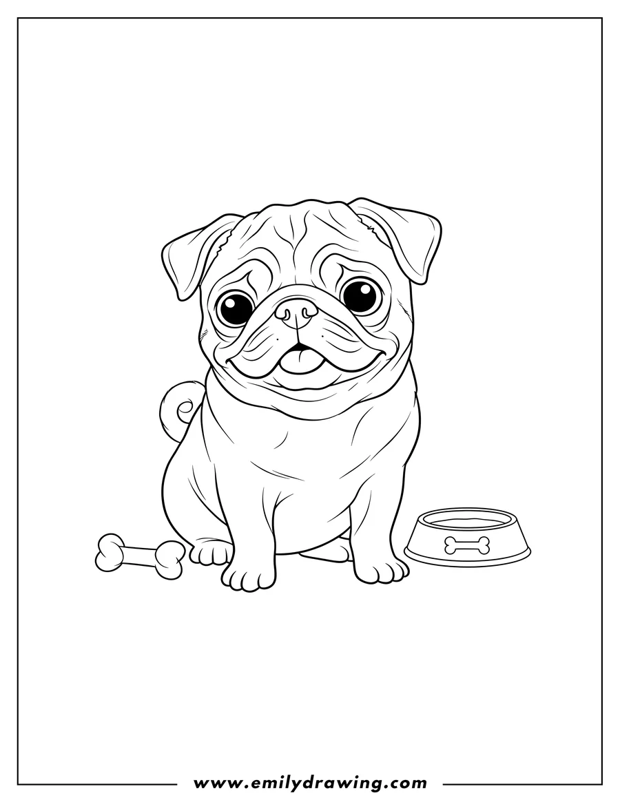 Free printable coloring sheet of pug with cute puppy eyes, a wrinkly face, and a slight head tilt, for coloring