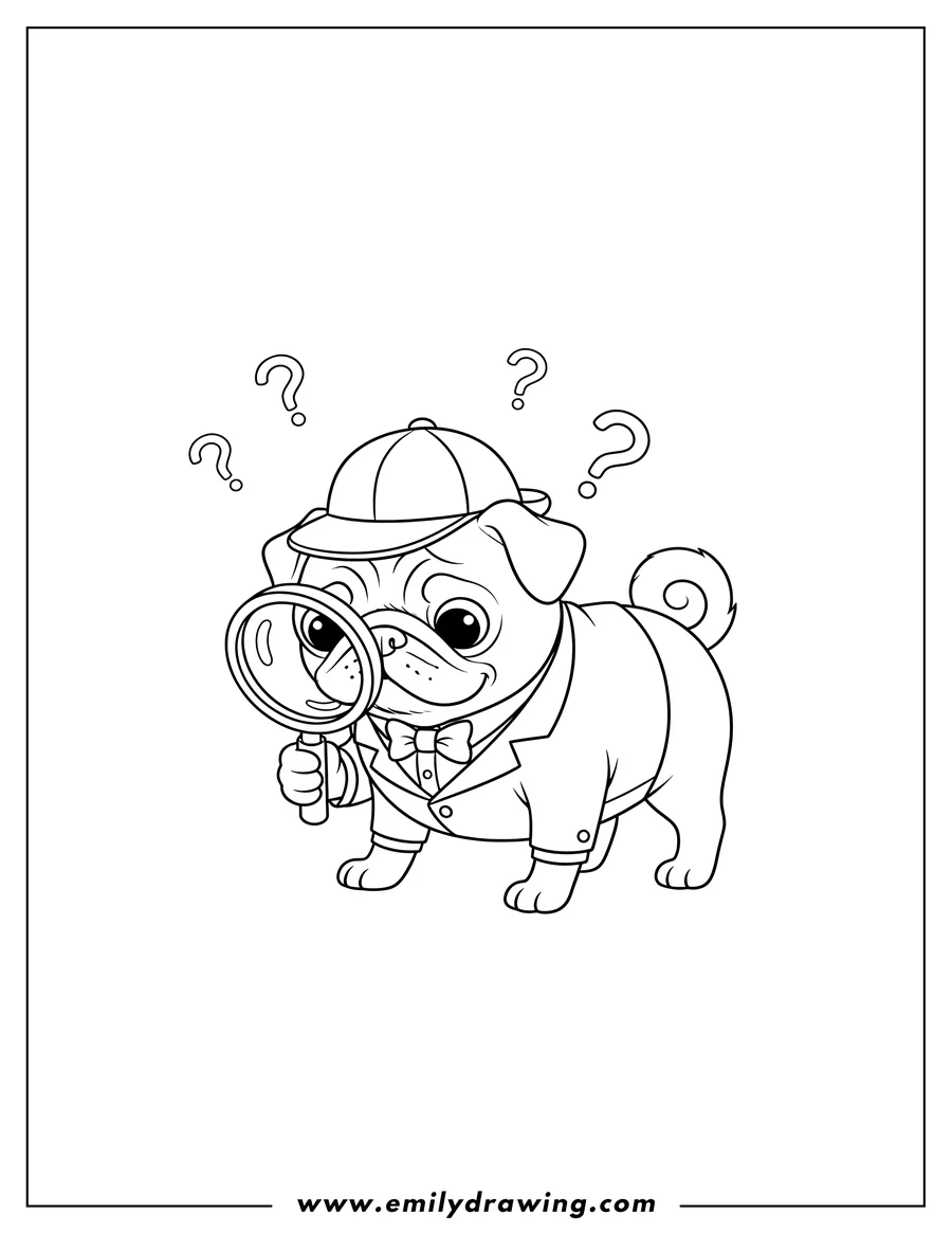 Line art of a pug dog dressed as a detective, wearing a hat and jacket, holding a magnifying glass to its eye, with question marks floating around its head.