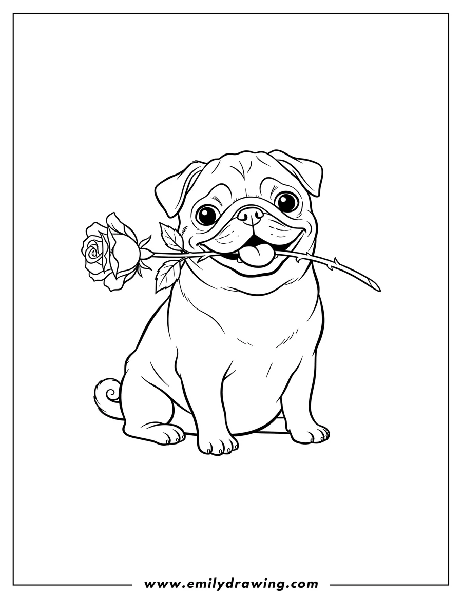 Outline of a cheerful pug dog sitting, holding a single rose with leaves in its mouth, with its tongue slightly out.