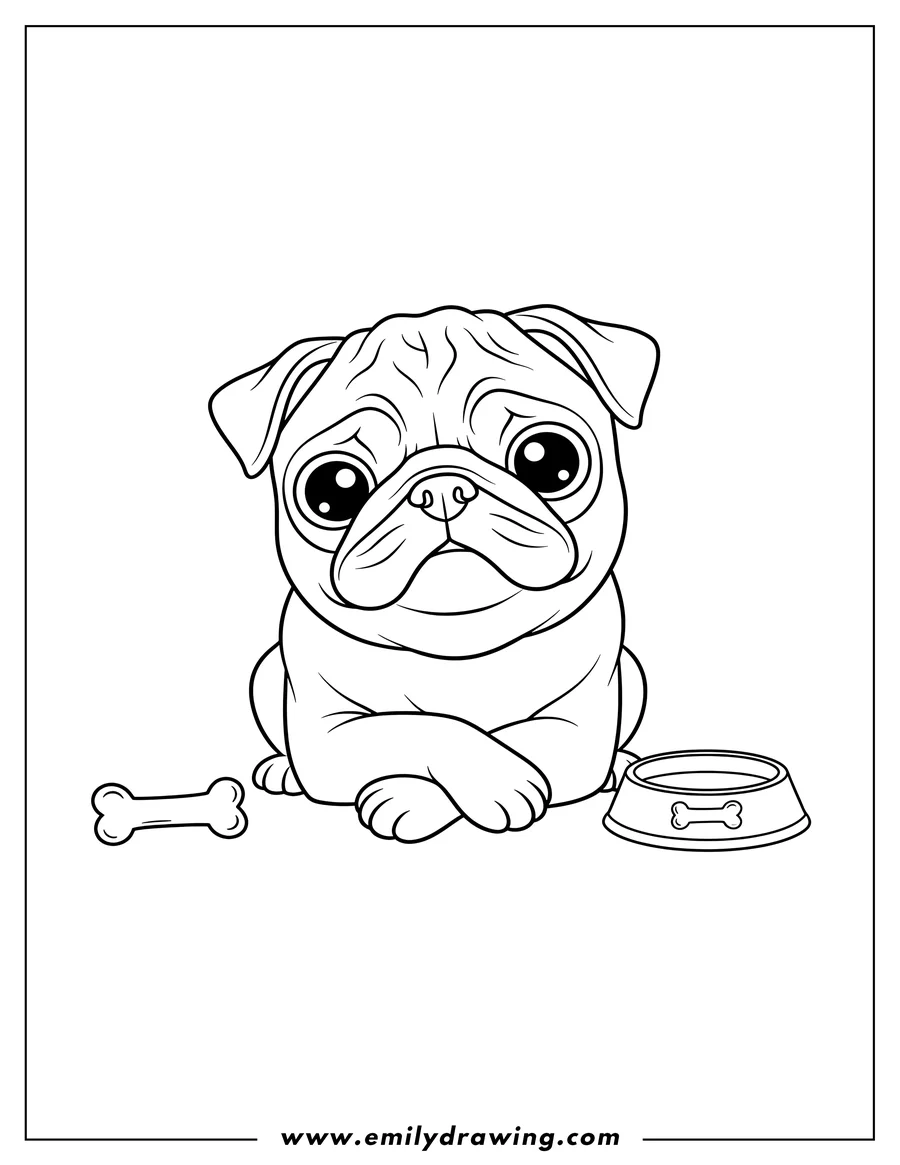 Full page coloring image of pug With Tilted Head, large eyes, and front paws resting