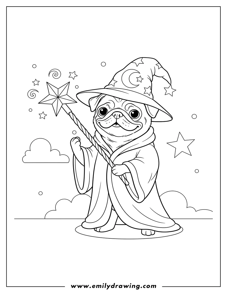 Outline of a pug dog dressed as a wizard, wearing a tall hat with a crescent moon and stars, holding a star-tipped magic wand that is emitting swirls and small stars. Clouds are visible in the background.