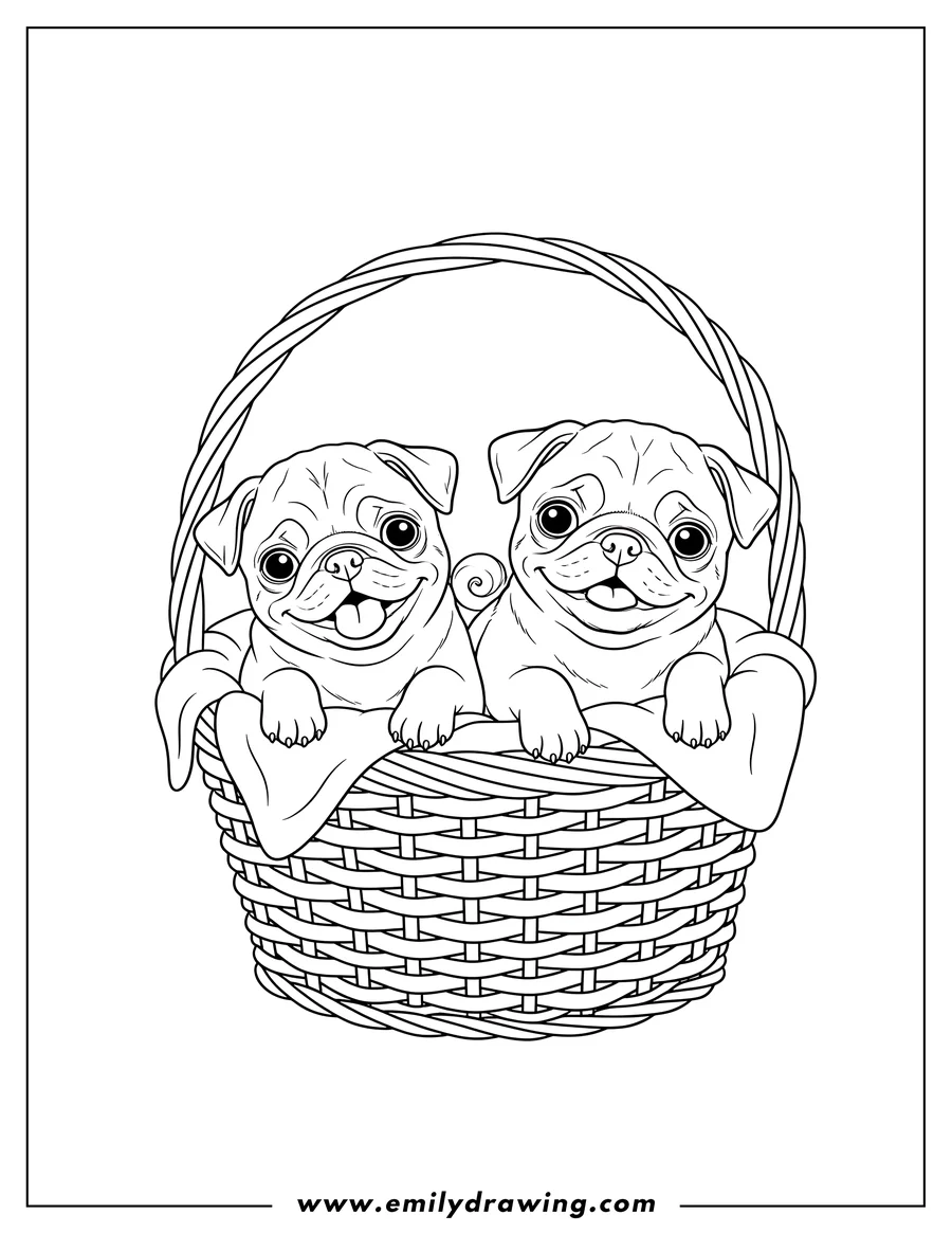 Line art of two happy pug puppies sitting together in a woven basket with a blanket.