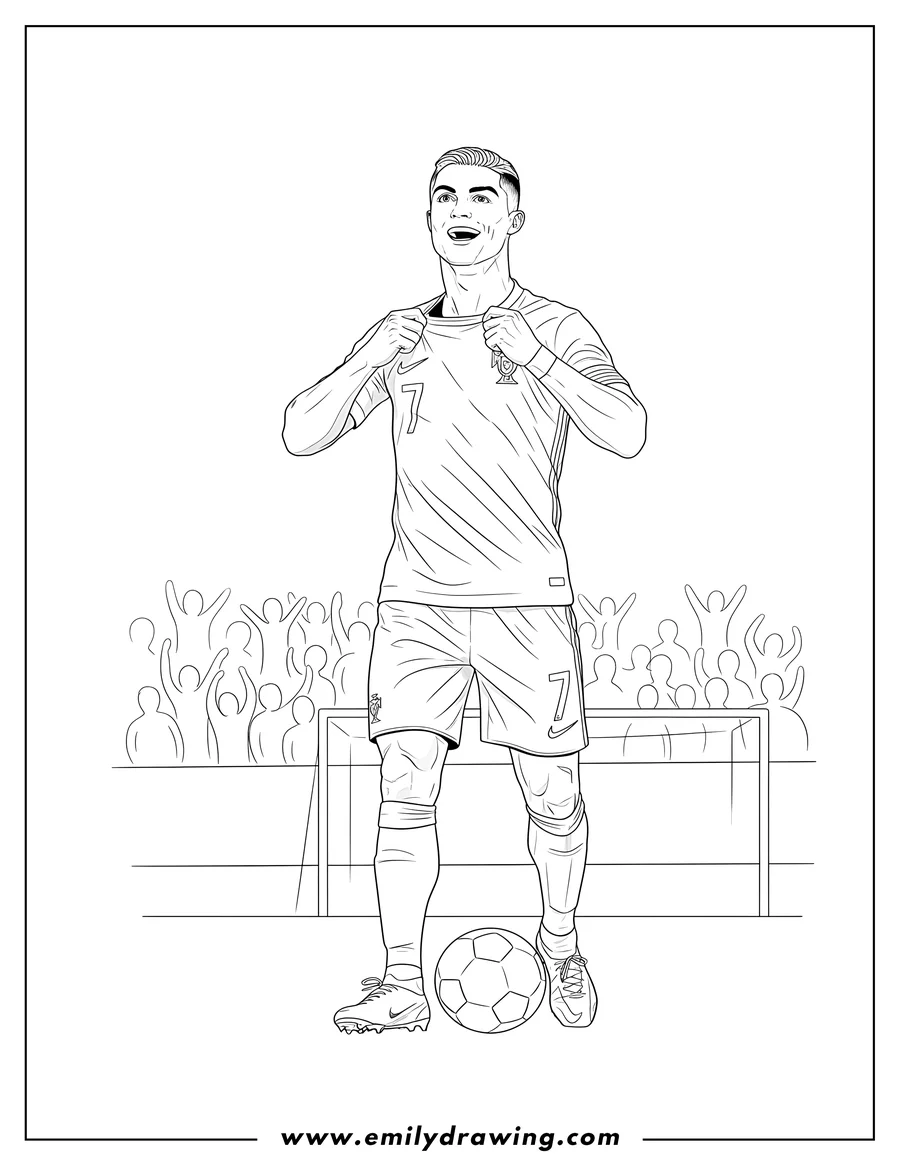 Coloring page of cristiano Ronaldo celebrating a goal, looking up and pulling his jersey