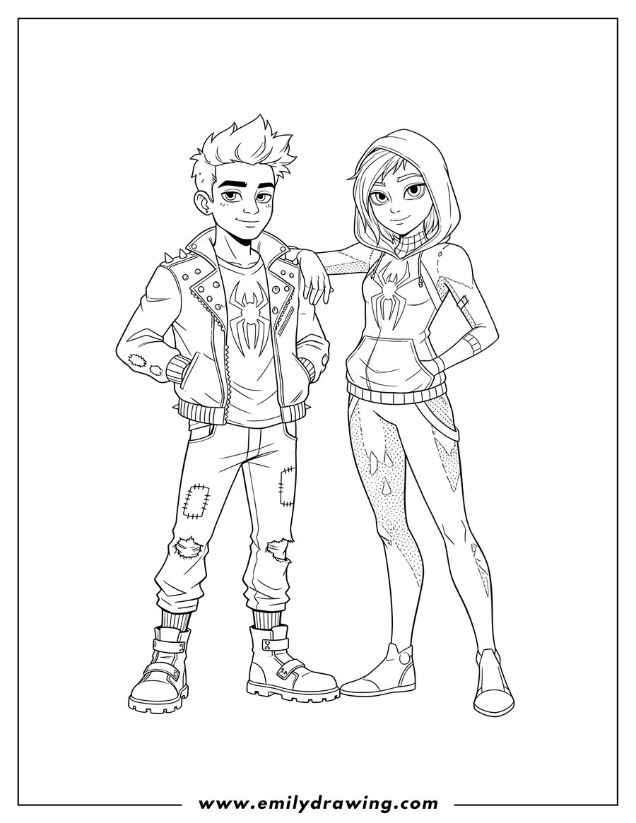 Coloring page of punk Miles Morales and Spider Gwen, Miles in a spider logo shirt and Gwen with her hood up, standing together