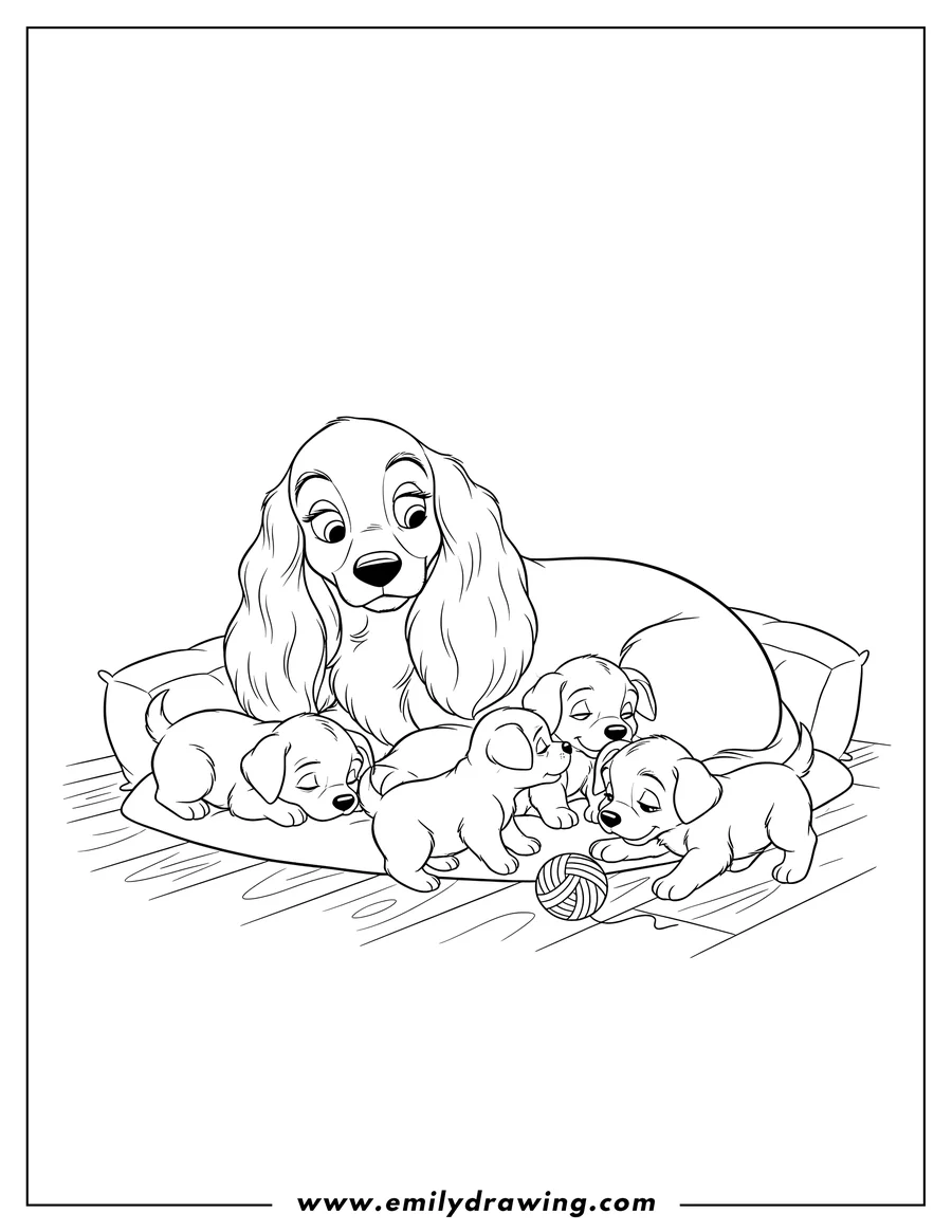 Downloadable coloring page of lady and Tramp Puppies Sleeping and Playing Together, with Lady