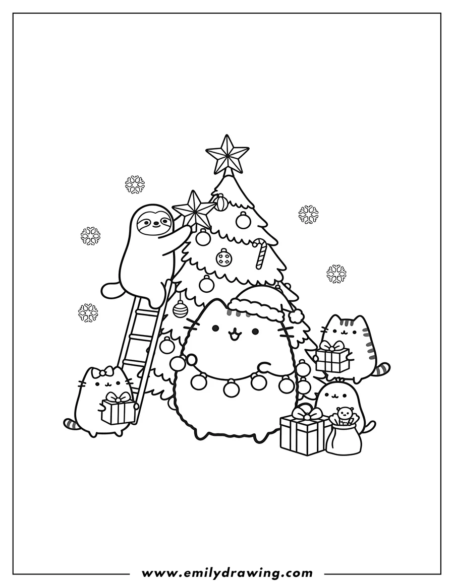 Vector style outline of pusheen and friends decorating a Christmas tree, with Sloth placing the star and other friends holding gifts