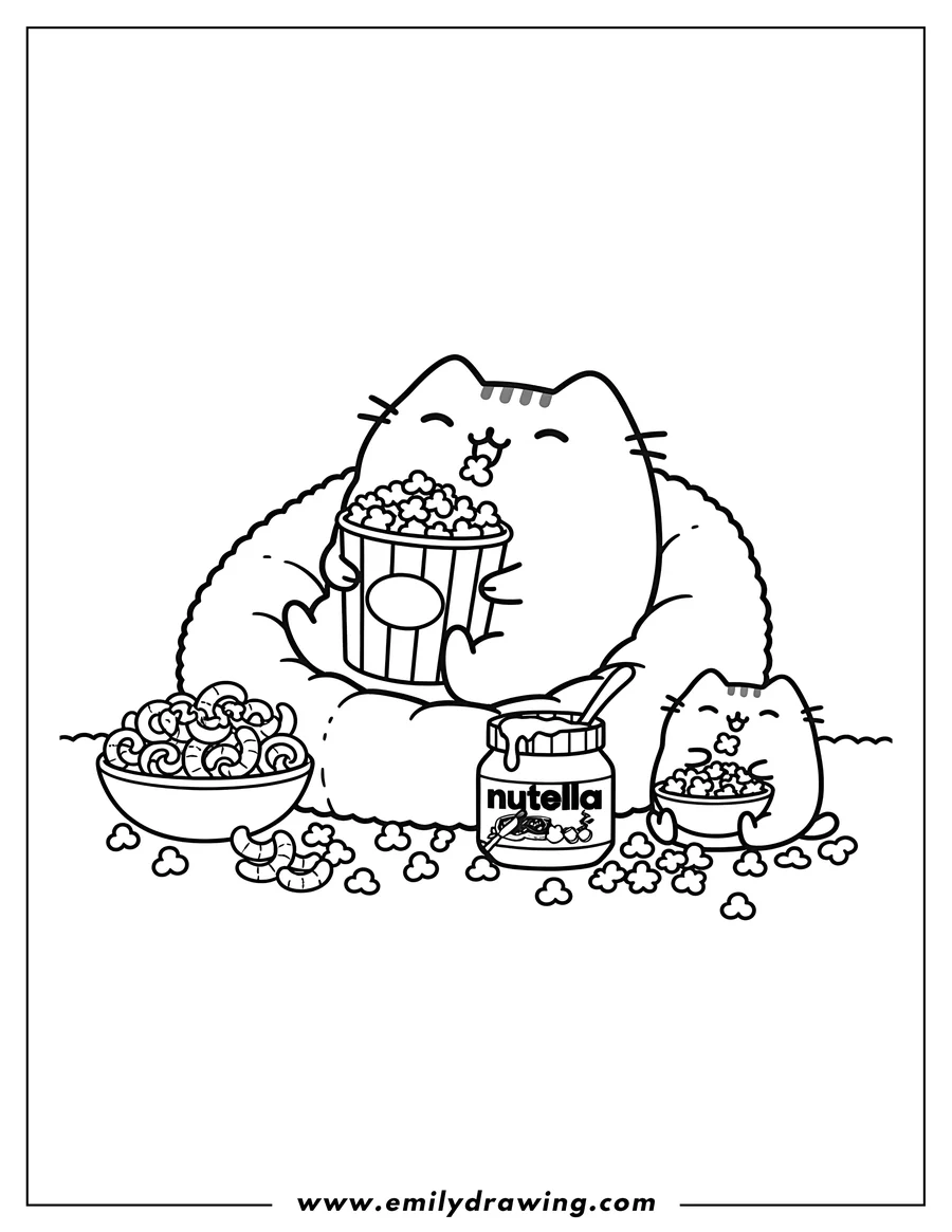 Coloring sheet featuring pusheen And Stormy Eating Popcorn Scaled, with Cheez Curlz and Nutella