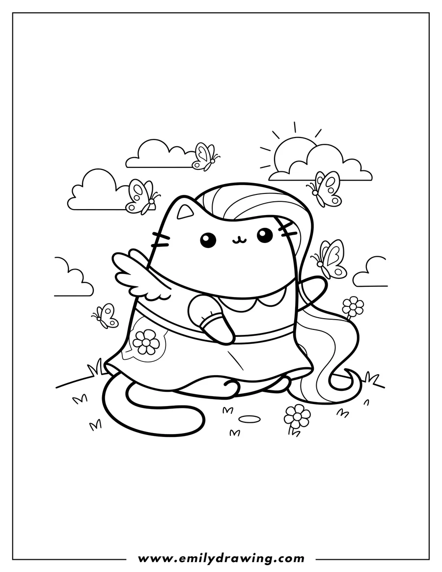 Doodle style coloring picture of pusheen As Fluttershy Preschoolers, sitting with a wing and butterflies