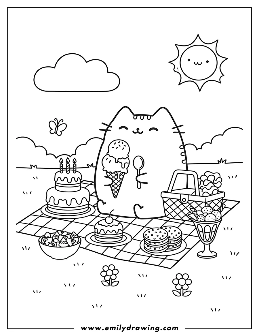 Doodle style coloring picture of pusheen at a picnic with ice cream and various desserts