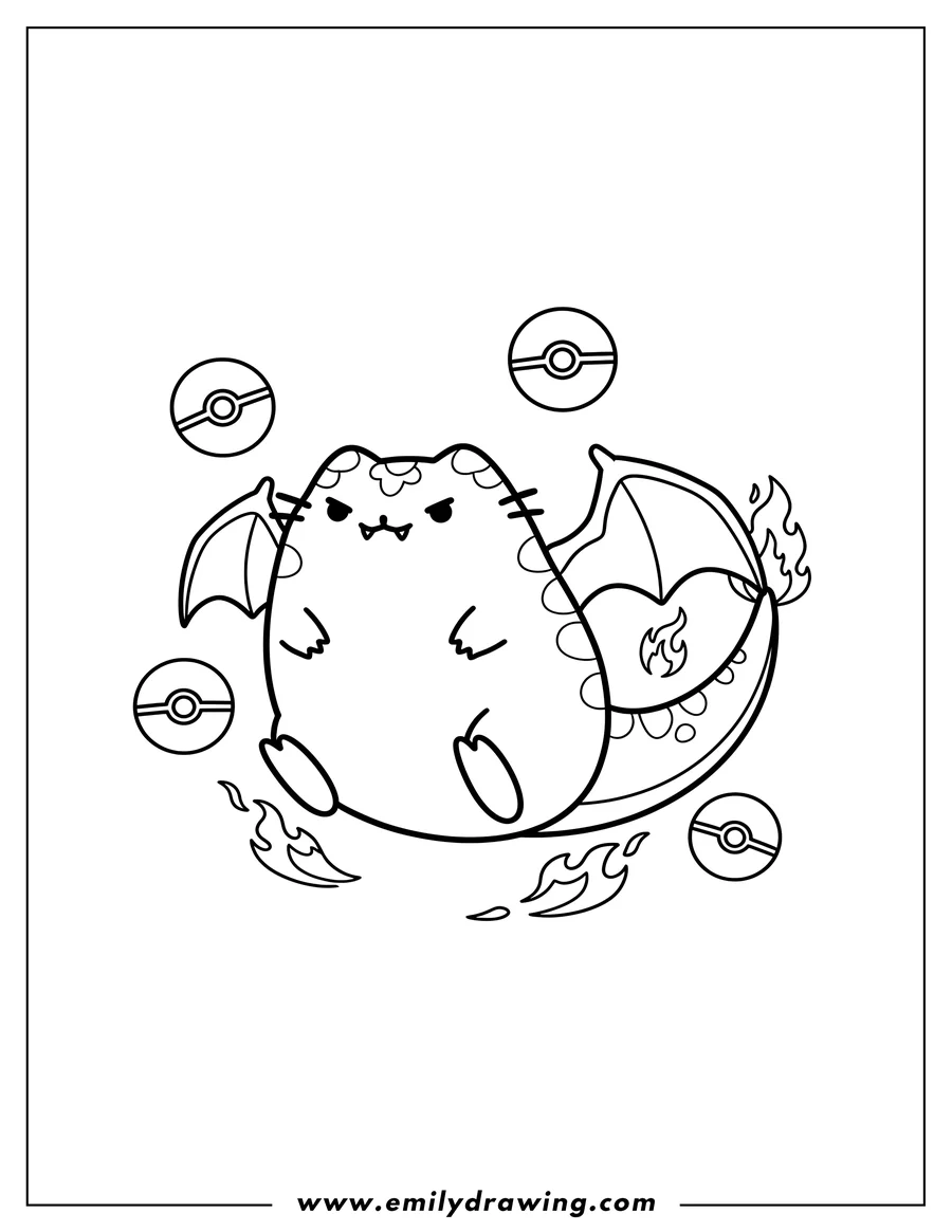 Doodle style coloring picture of pusheen Charizard Pokemon Scaled, with flames on its tail and around its feet, an angry expression, and floating Poke Balls