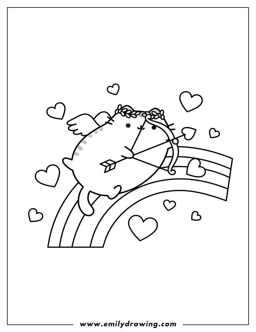 Printable line art of pusheen Cupid lying on a rainbow and aiming a heart-tipped arrow, with love hearts