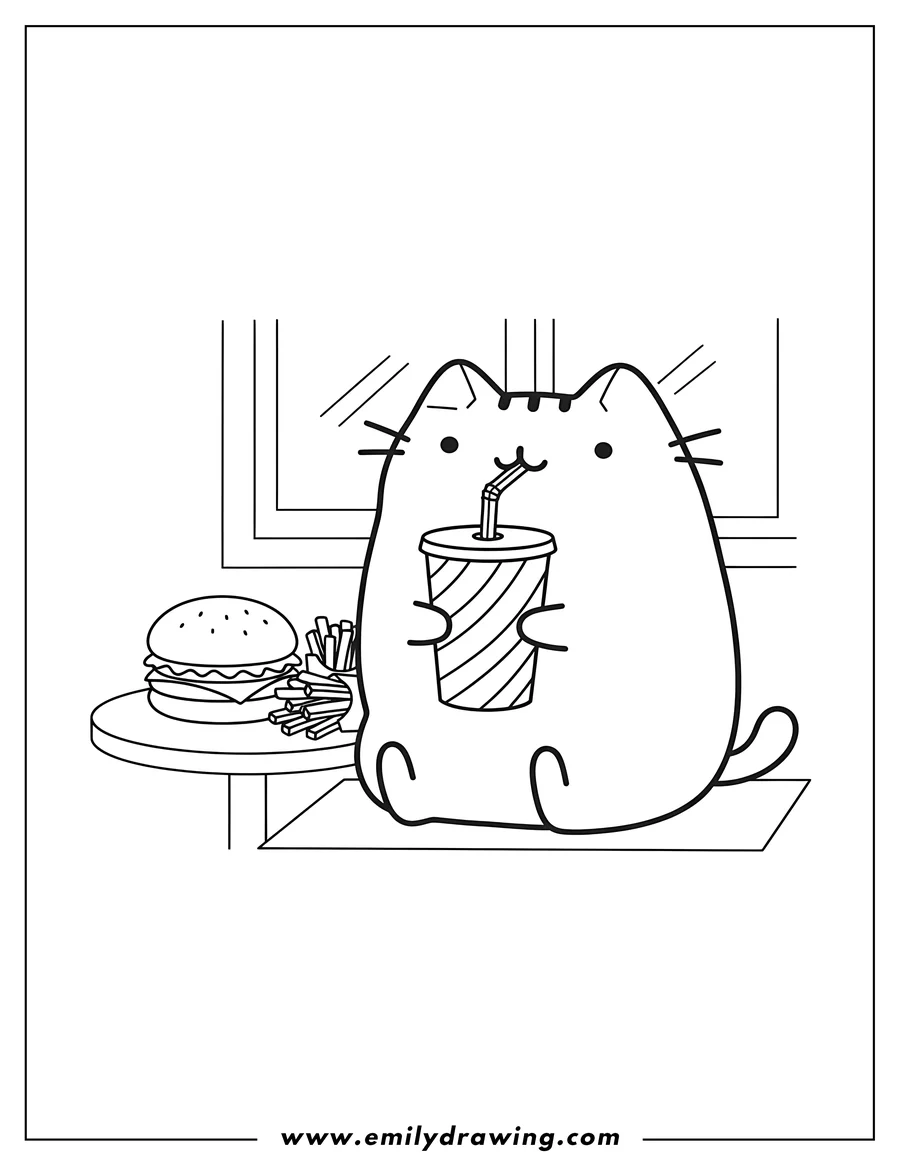 Full page coloring image of pusheen drinking from a cup with a straw, with a burger and fries