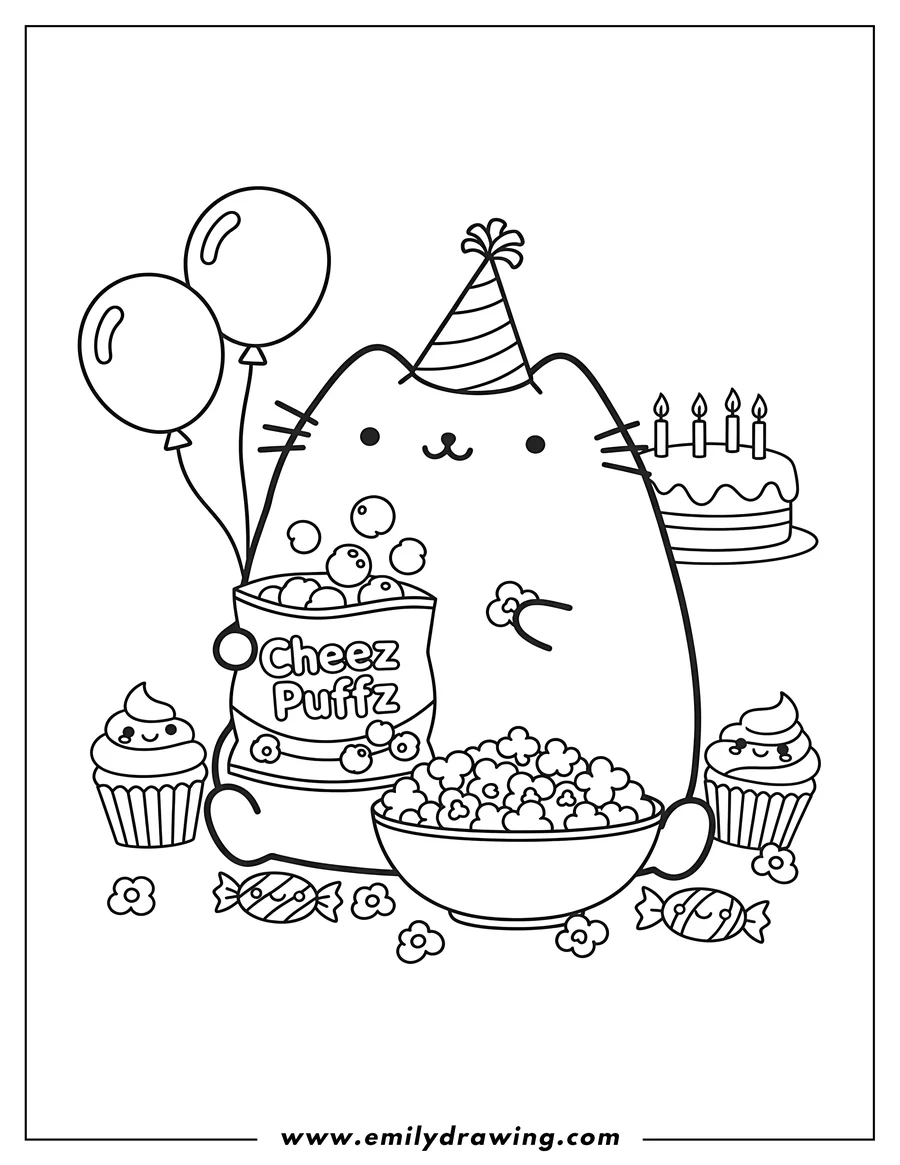 Outline drawing of pusheen Happy Birthday Scaled, enjoying snacks with a bag of 'Cheez Puffz' and popcorn