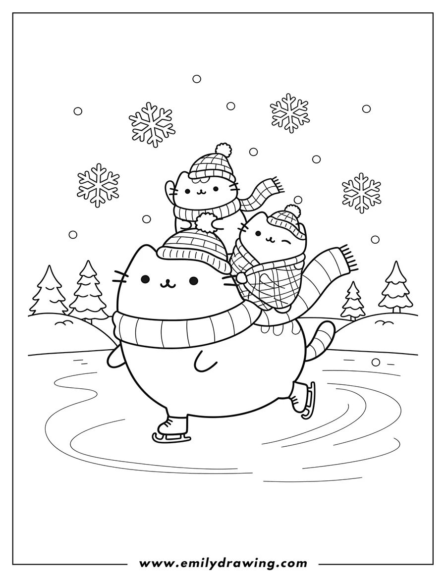 Free to print drawing of pusheen wearing a hat and scarf, ice skating and carrying Pip and Stormy on its back during winter