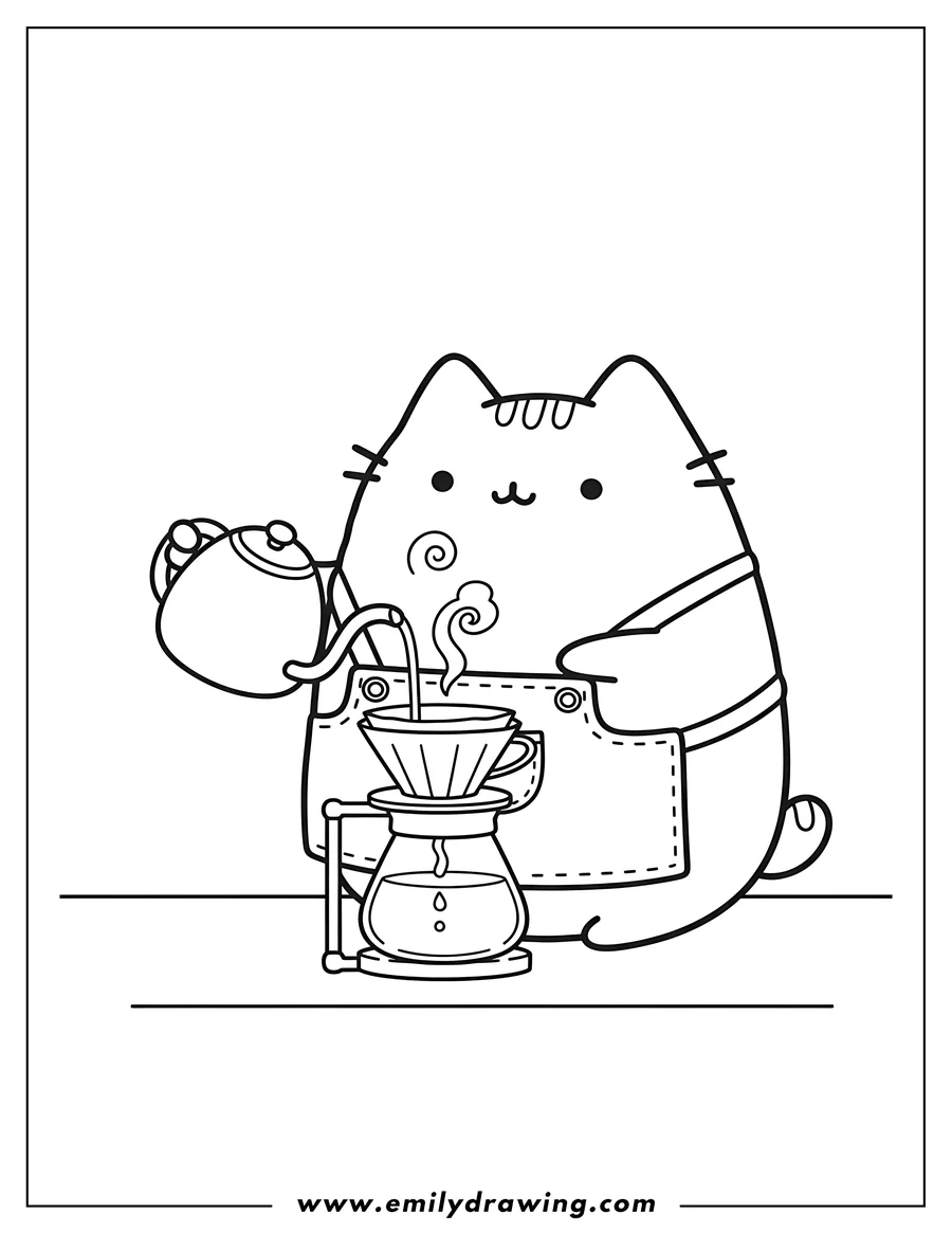 Downloadable coloring page of pusheen pouring coffee from a kettle into a pour-over carafe, scaled