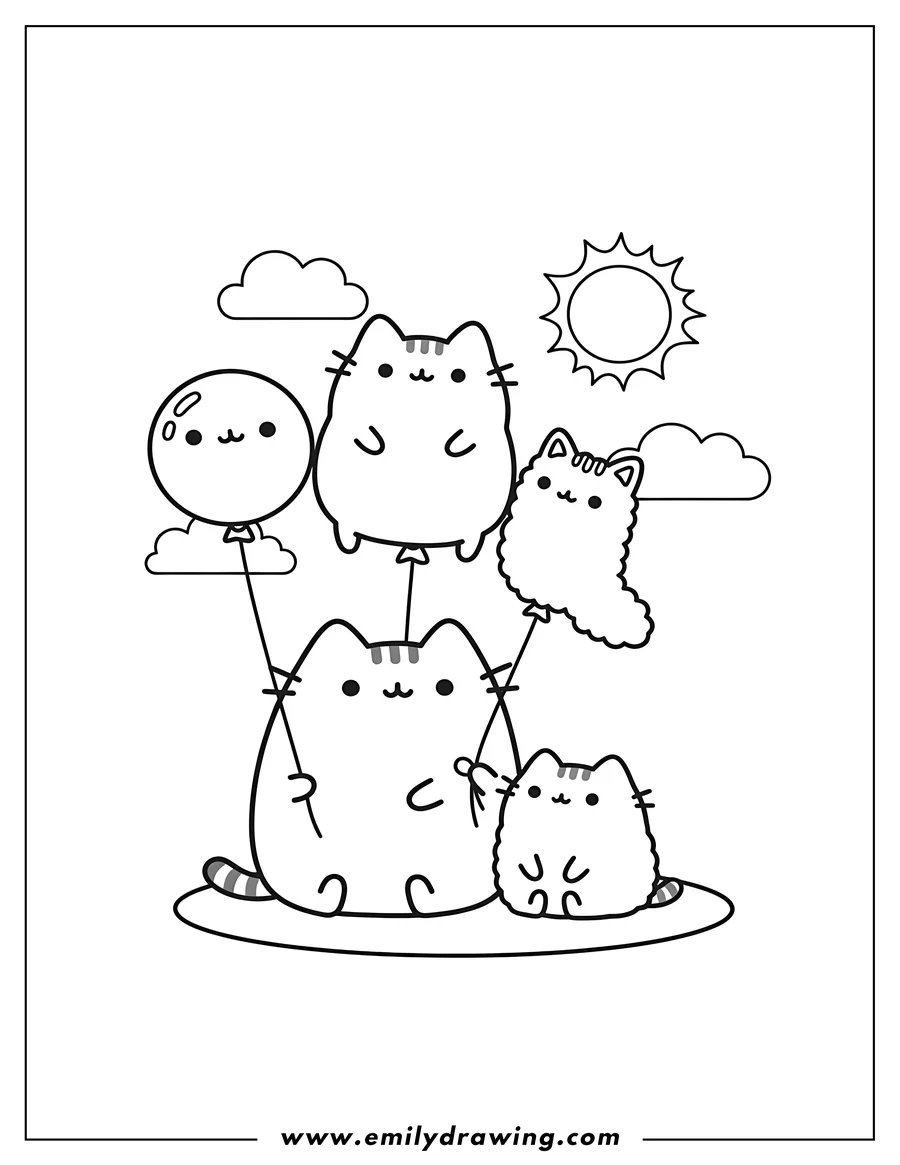 Black and white line art of pusheen sitting and holding three cat-shaped balloons, with Stormy by her side
