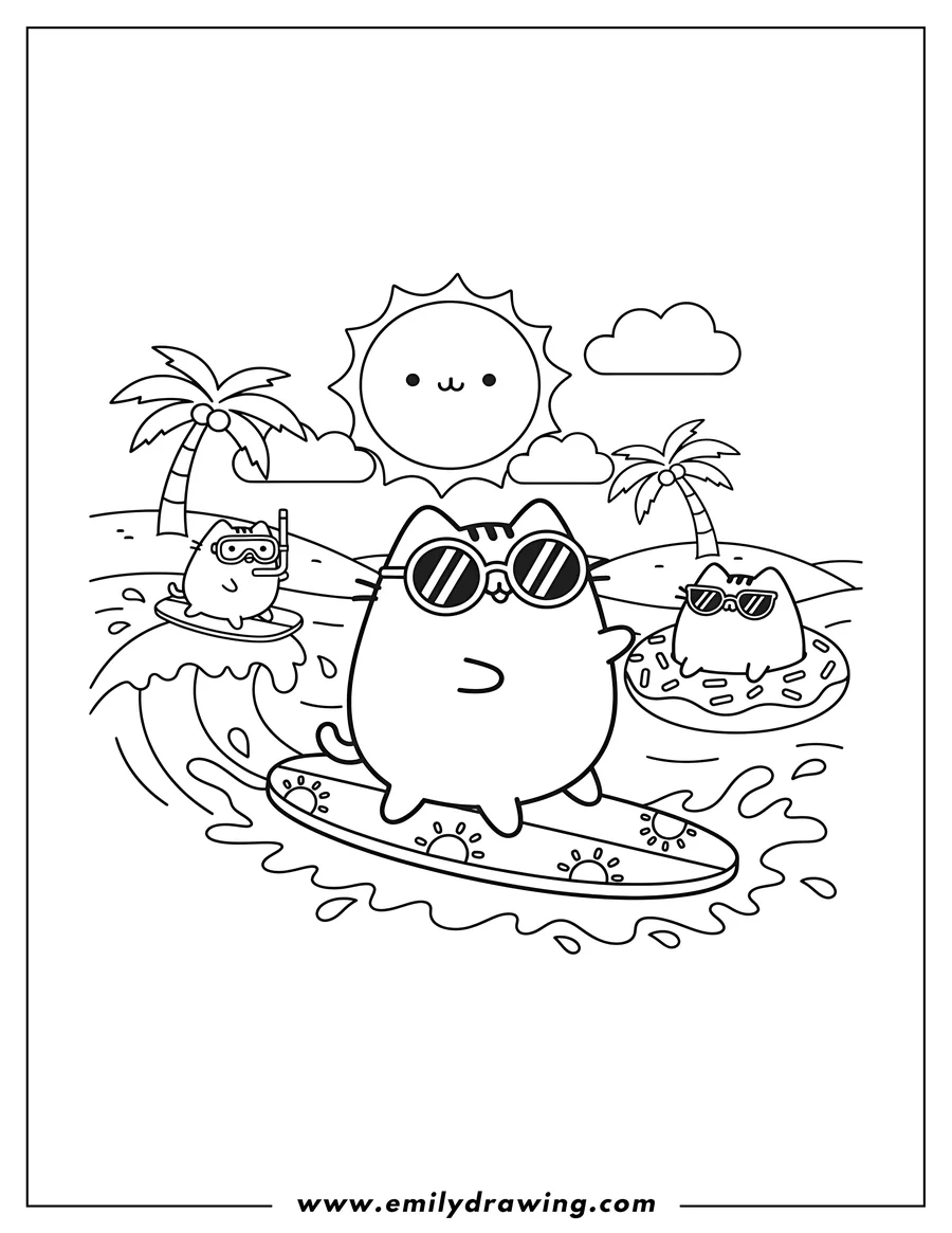 Free printable coloring sheet of pusheen surfing on a surfboard with sunglasses and friends at the beach