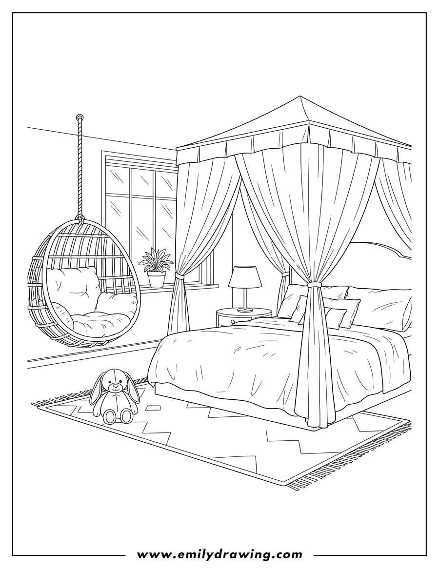 Black and white line art of quaint bedroom with a canopy bed, a hanging swing chair, and a bunny stuffed animal on the floor