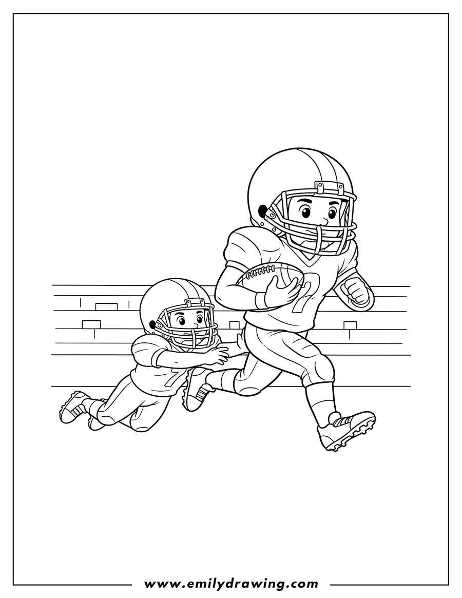 Downloadable coloring page of football Quarterback Player running with the ball as another player attempts a tackle to color