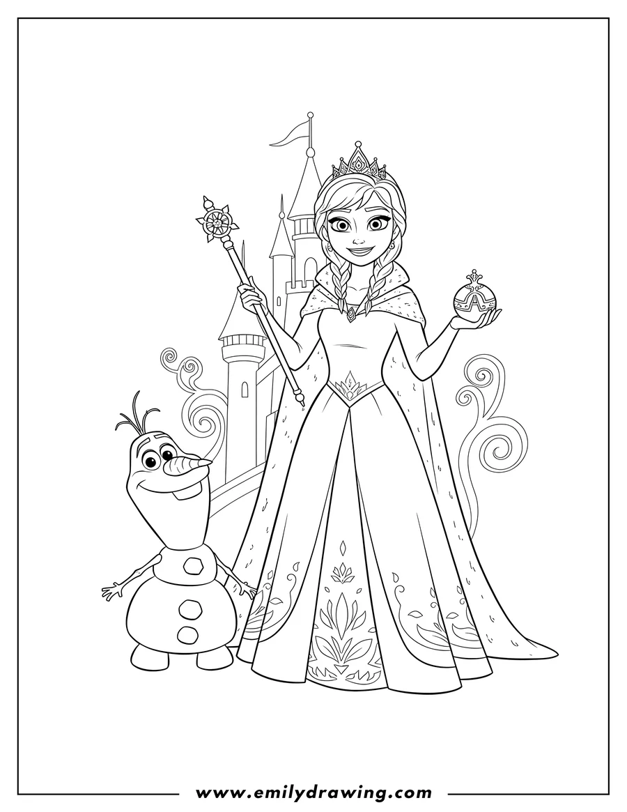 Black and white line art of queen Anna smiling, holding a scepter and orb, with Olaf