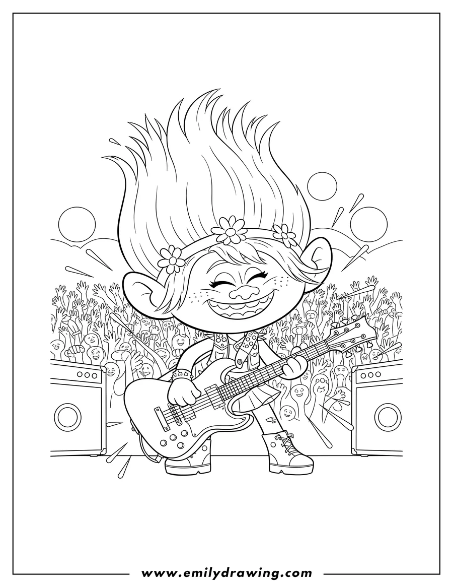High quality printable queen Barb Troll playing an electric guitar and rocking out with a wide grin during World Tour for coloring