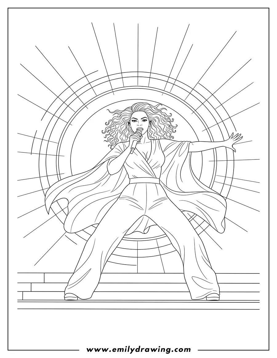 High quality printable queen Beyonce Mid Concert singing powerfully with a mic and legs spread wide in a wide-leg outfit for coloring