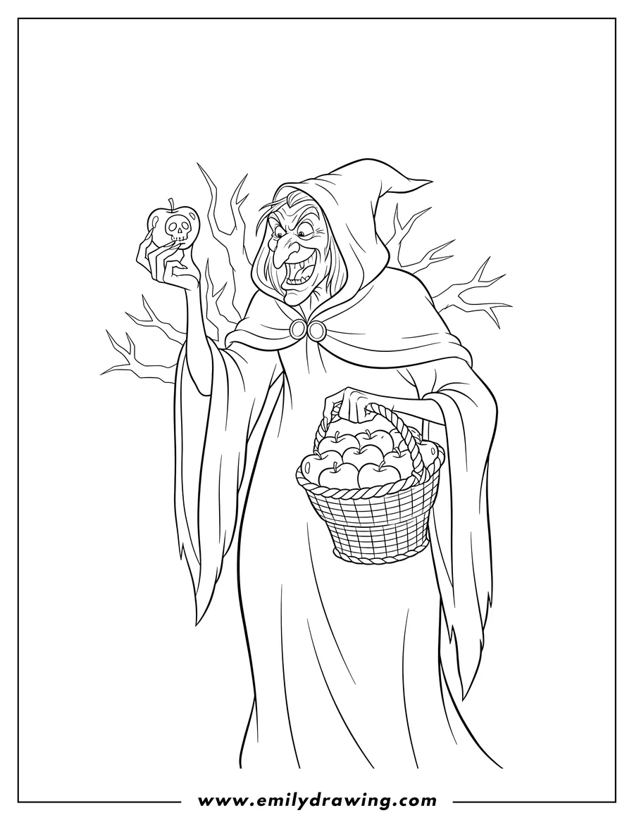 Printable coloring page of queen Grimhilde as an old witch, holding a poisoned apple and a basket full of apples