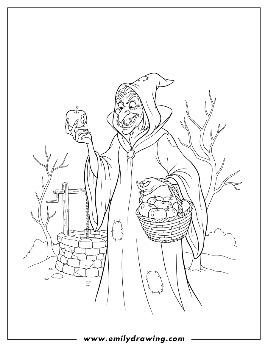 Simple sketch of queen Grimhilde Witch Scaled, holding an apple and a basket of apples to color