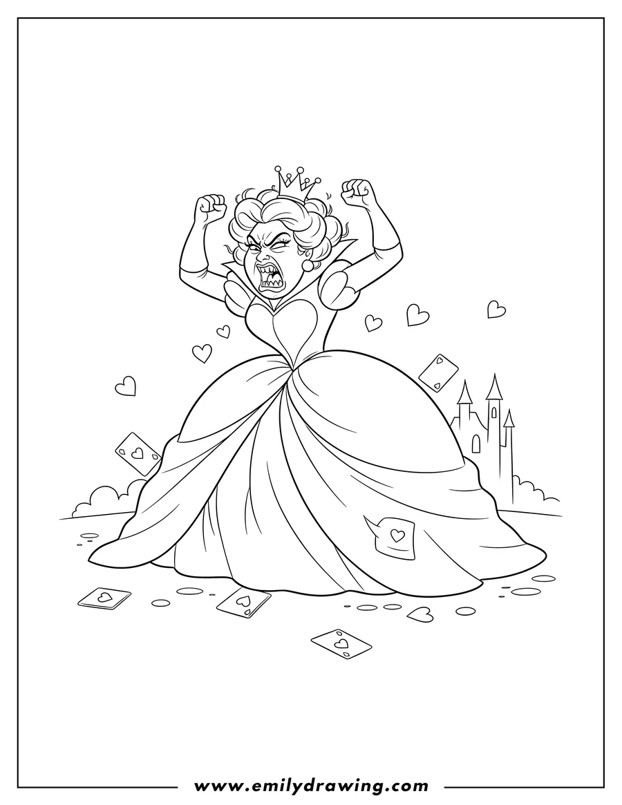 Printable line art of queen Heart throwing a tantrum, shouting with clenched fists raised