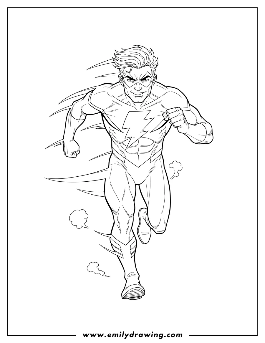 Downloadable coloring page of quicksilver Running, leaning forward with a determined expression and a lightning bolt on his chest