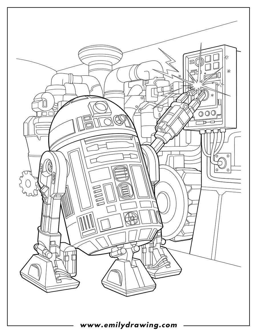 Coloring page of R2 D2 Fixing Engine with extended arm connected to a sparking control panel
