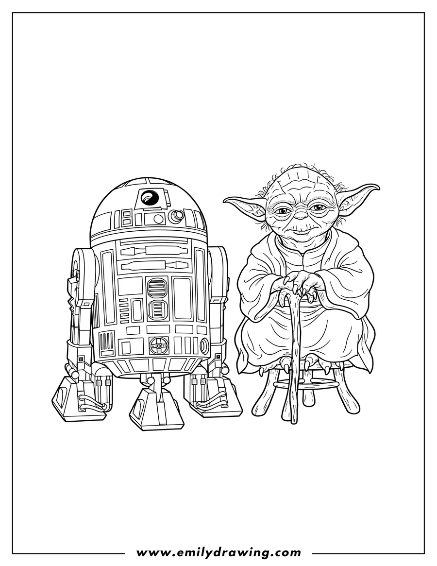 Printable coloring page of R2 D2 standing next to Yoda sitting with his walking stick