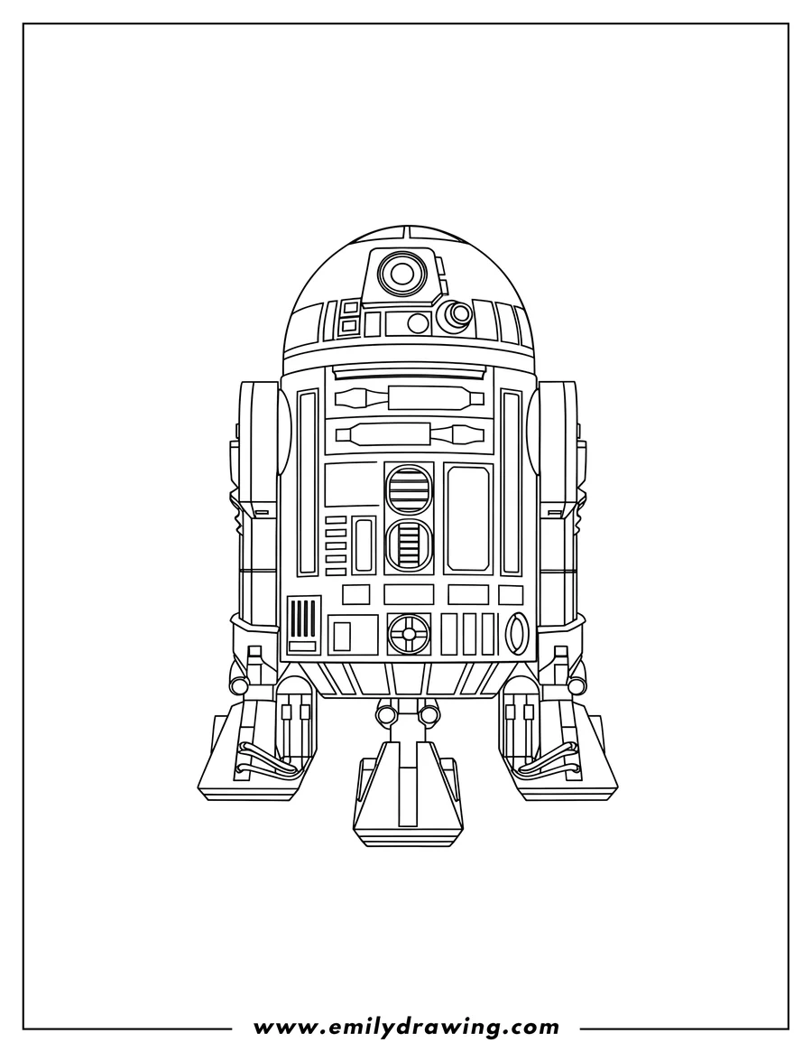 Full page coloring image of R2D2 Star Wars Robot Scaled, standing, full-body