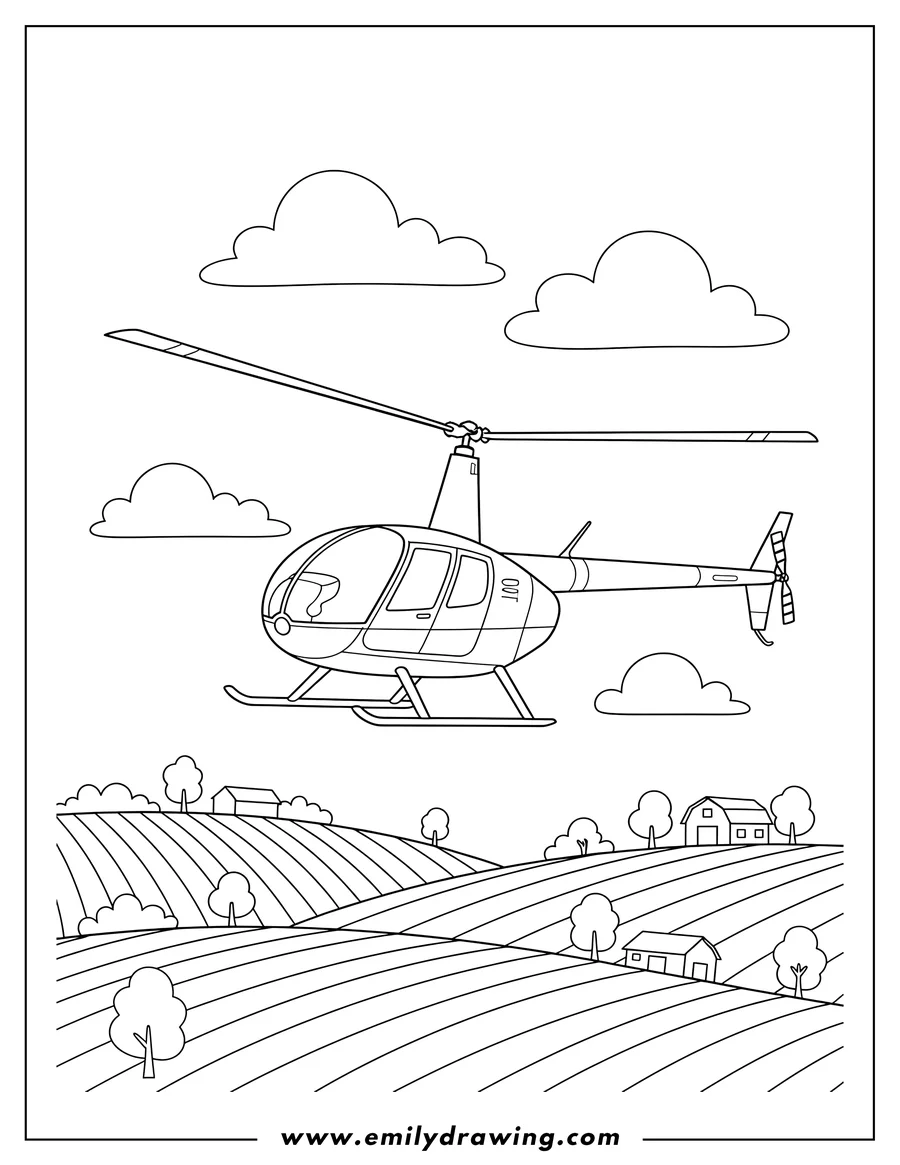 Printable line art of R44 Helicopter with main and tail rotors flying over fields